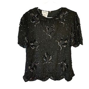 Vintage Stenay Black Silk Beaded Blouse M
